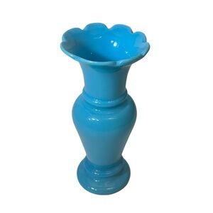 Small vintage blue Opaline art glass bud vase with ruffled or scalloped rim.